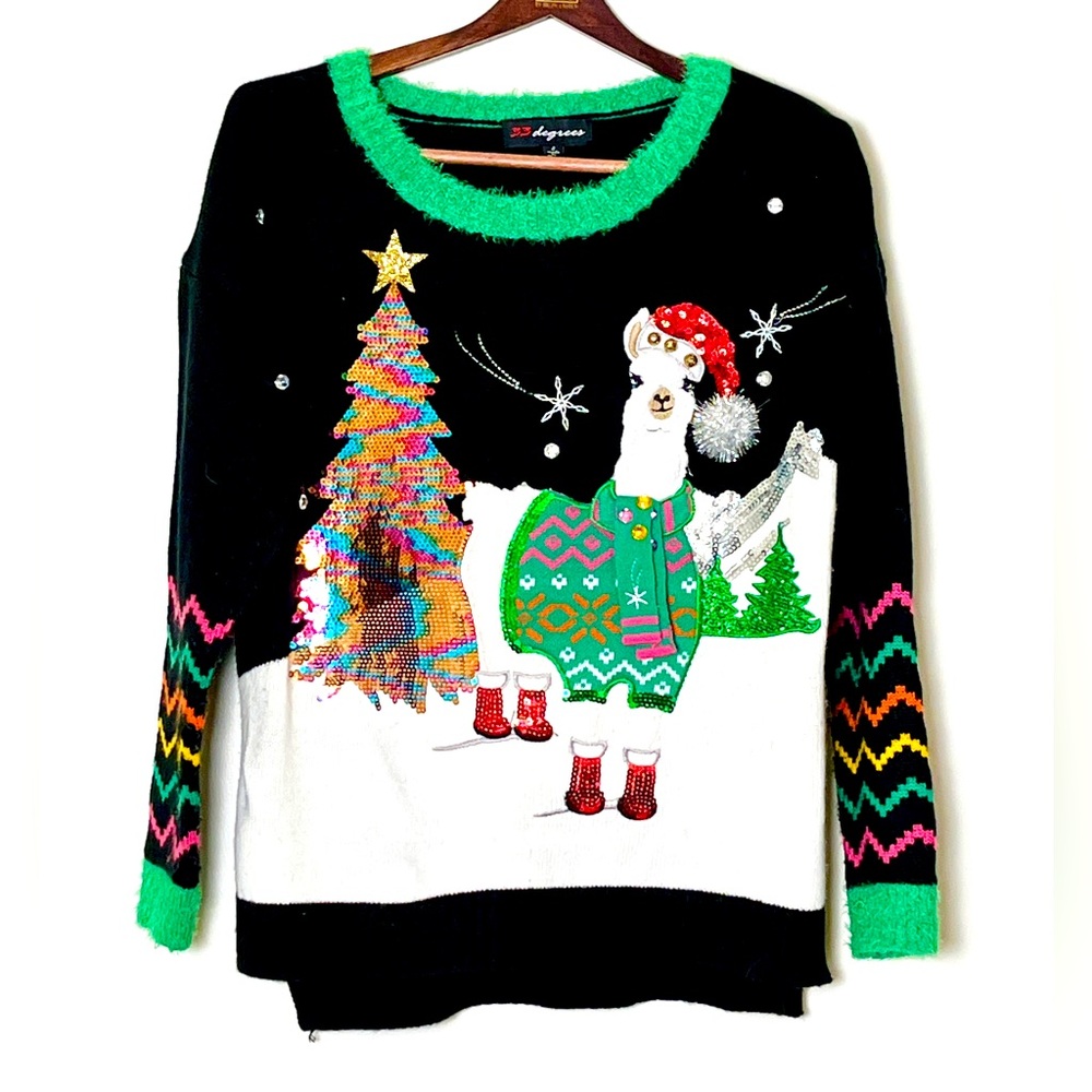 Ugly Christmas Sweater Llama Women’s Large Black 3D Sequined Humor Winter Xmas‎